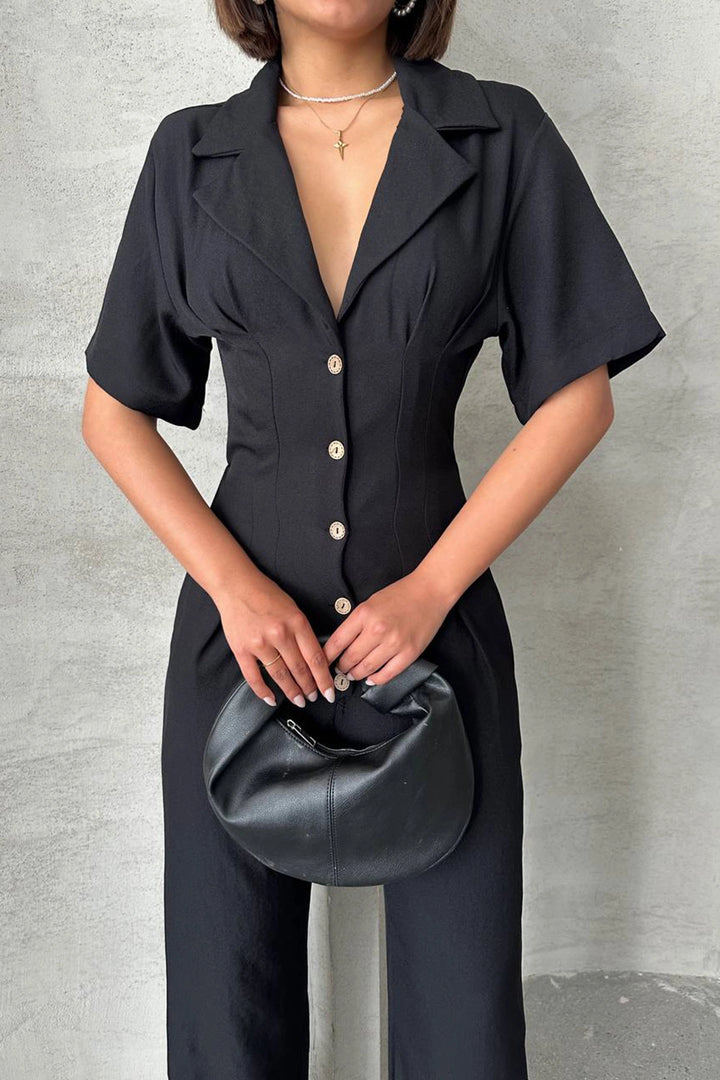 Black Half Sleeve Waist Corset-Look Loose Fit Woven Jumpsuit BCHN-25255059 - Bistriţa
