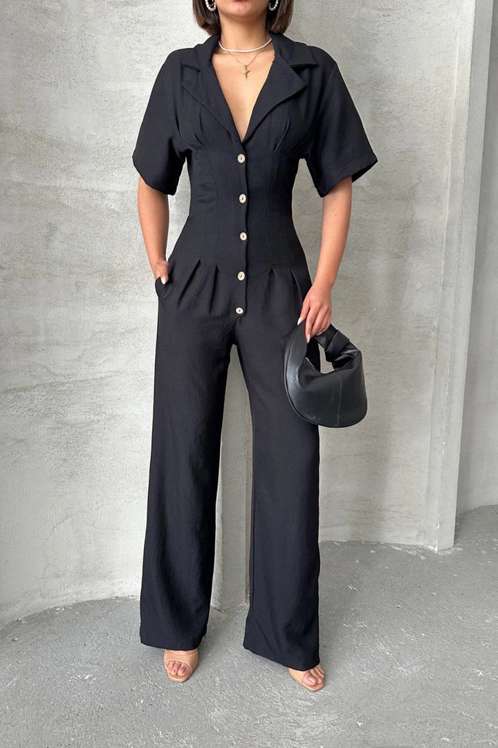 Black Half Sleeve Waist Corset-Look Loose Fit Woven Jumpsuit BCHN-25255059 - Bistriţa