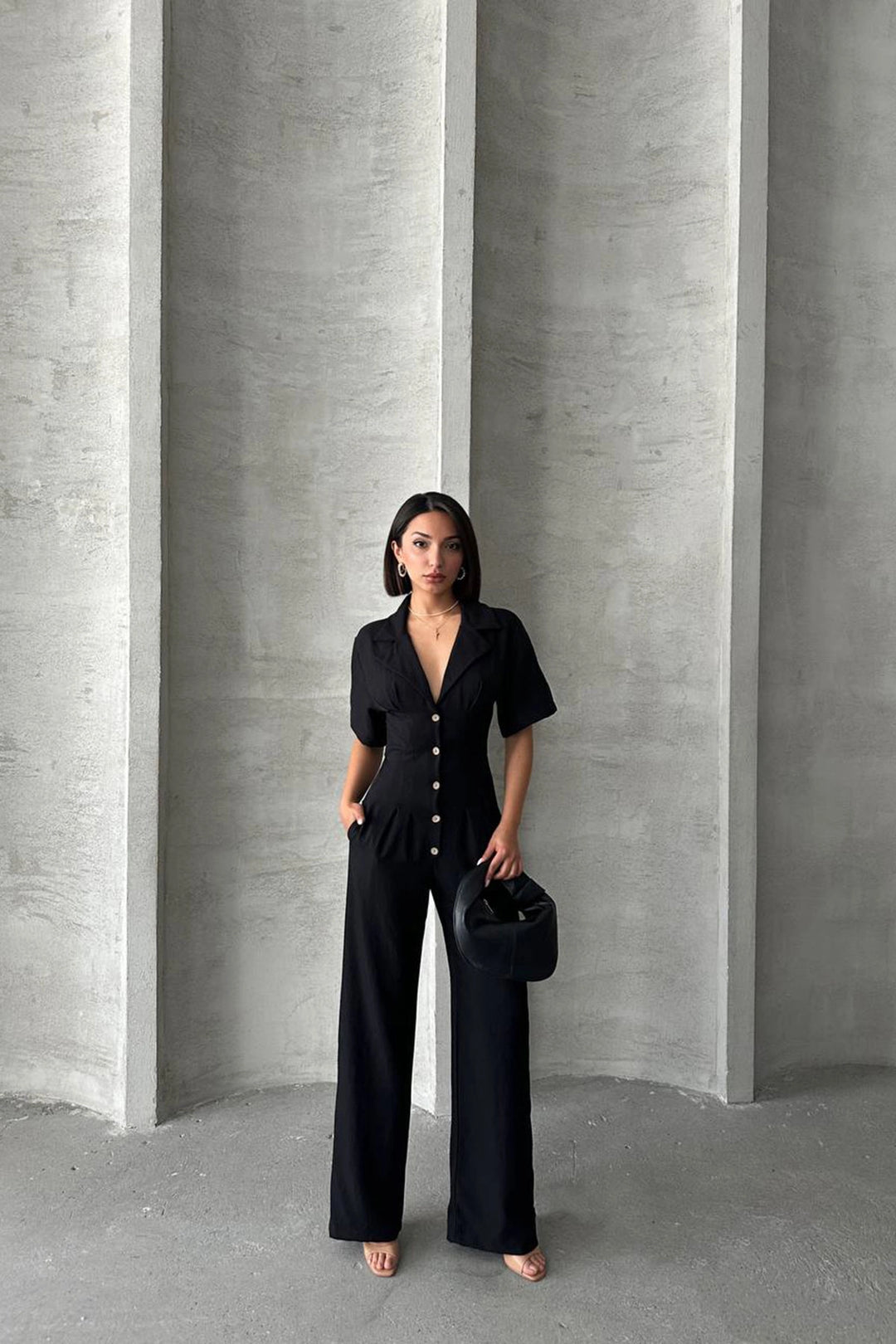Black Half Sleeve Waist Corset-Look Loose Fit Woven Jumpsuit BCHN-25255059 - Bistriţa