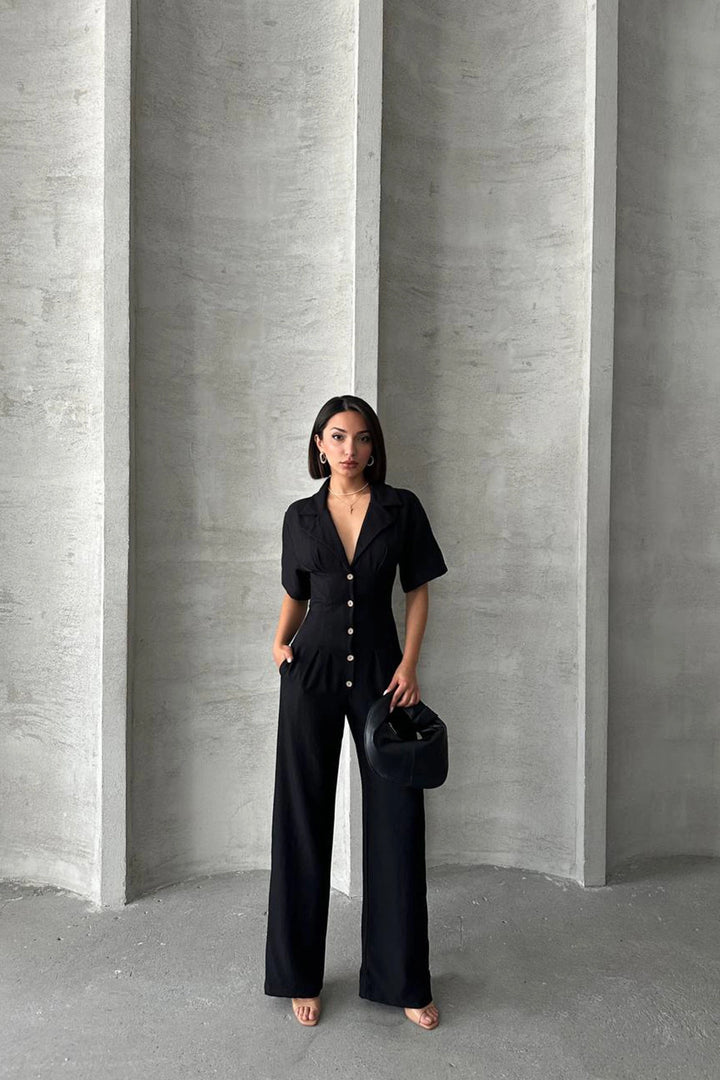 Black Half Sleeve Waist Corset-Look Loose Fit Woven Jumpsuit BCHN-25255059 - Bistriţa