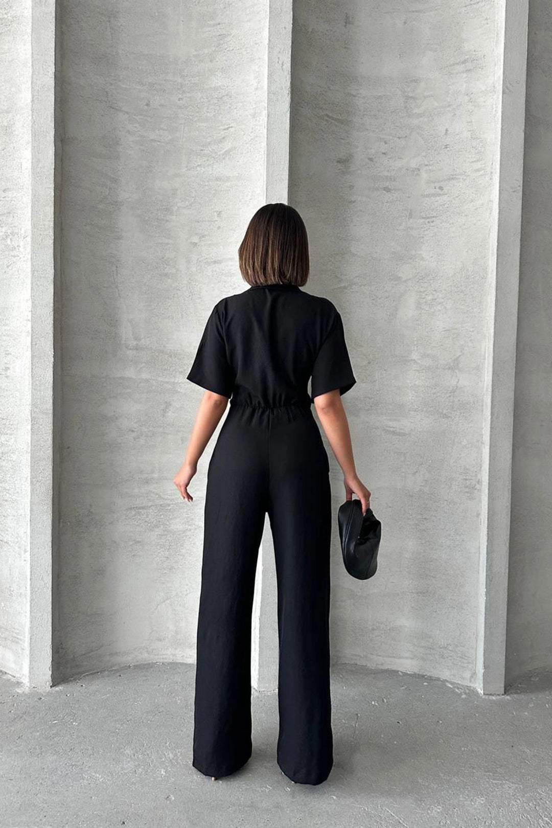 Black Half Sleeve Waist Corset-Look Loose Fit Woven Jumpsuit BCHN-25255059 - Bistriţa