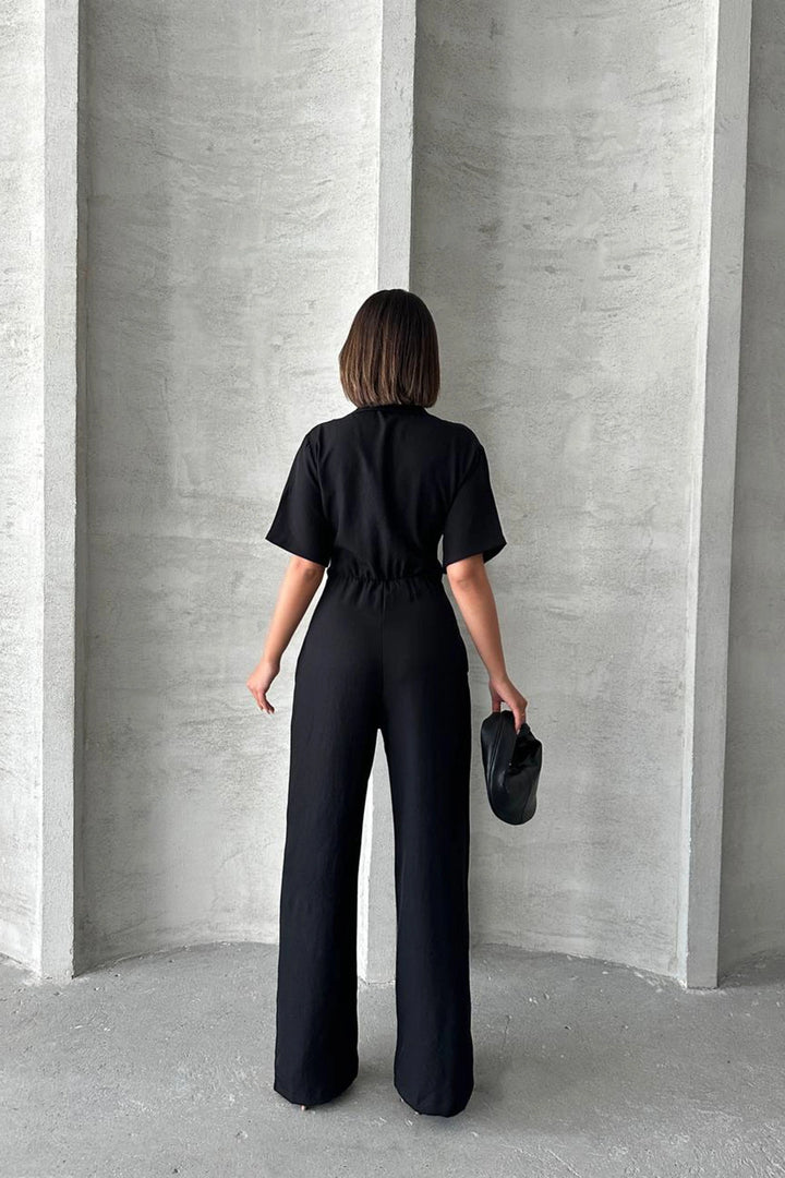 Black Half Sleeve Waist Corset-Look Loose Fit Woven Jumpsuit BCHN-25255059 - Bistriţa