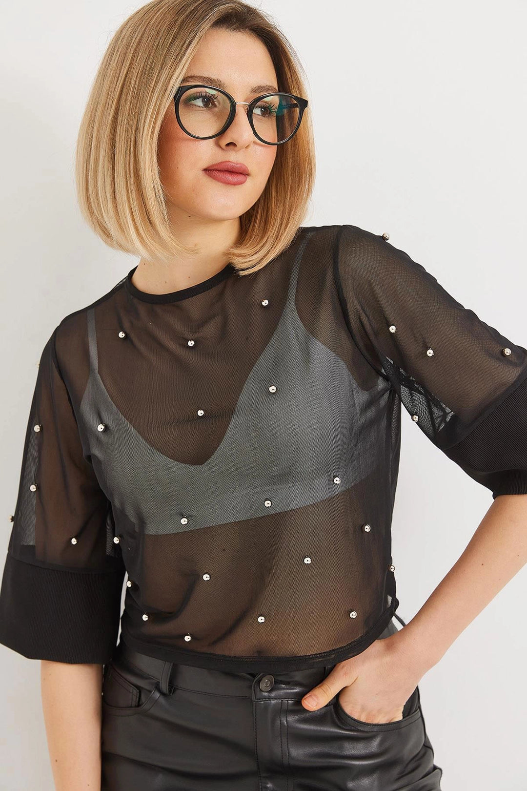 Black Half Sleeve Pearl Transparent Blouse BCCL-253003 - Almada
