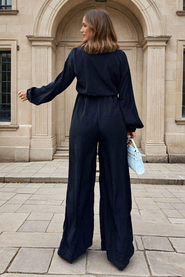 Black Half-Buttoned Elastic Waist Wide Leg Slouchy Jumpsuit BCBSK-25700-3360 - Downers Grove