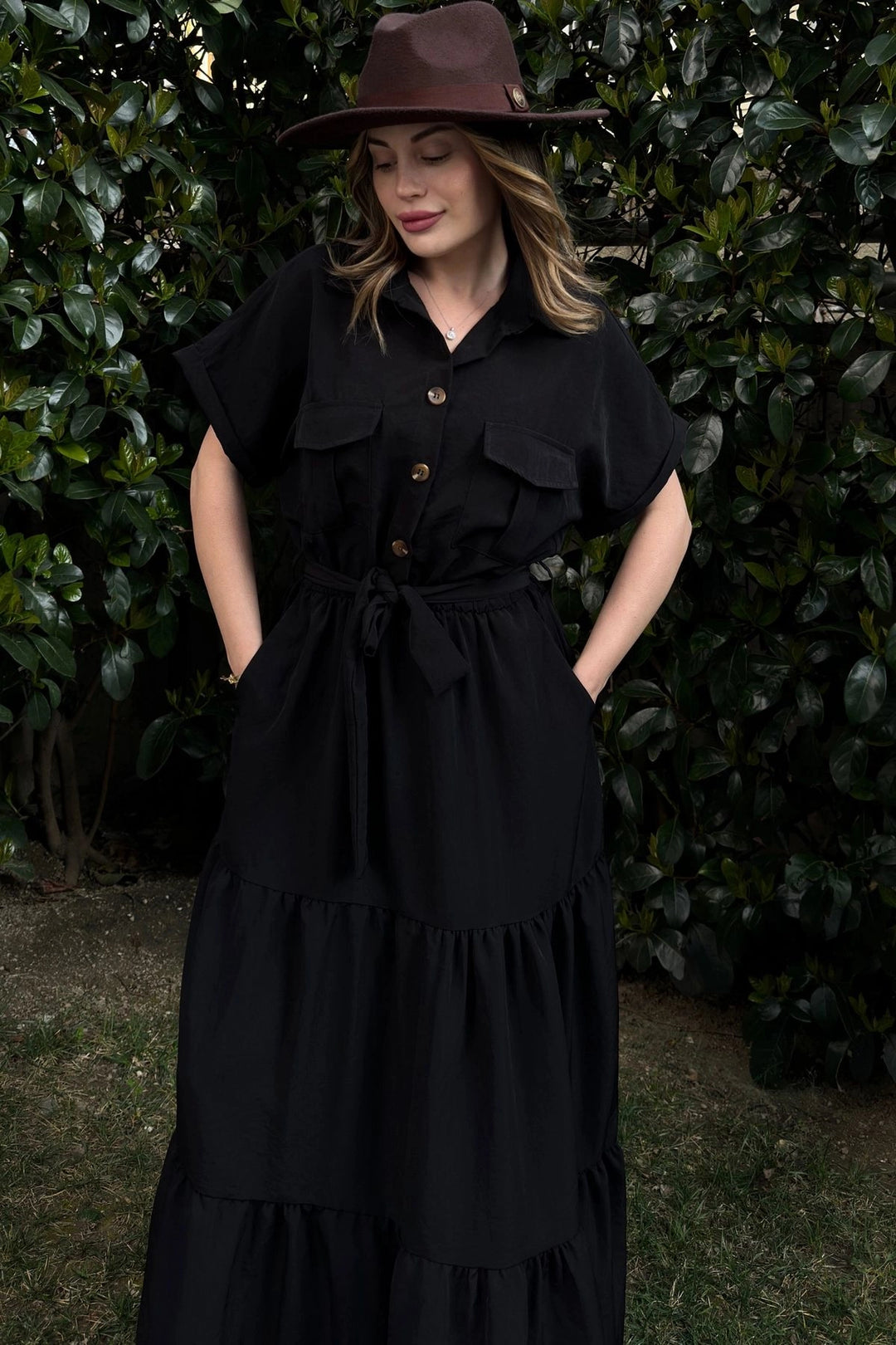 Black Half Pleated Skirted Belted Loose Dress BCBSK-25700-3336 - New Haven