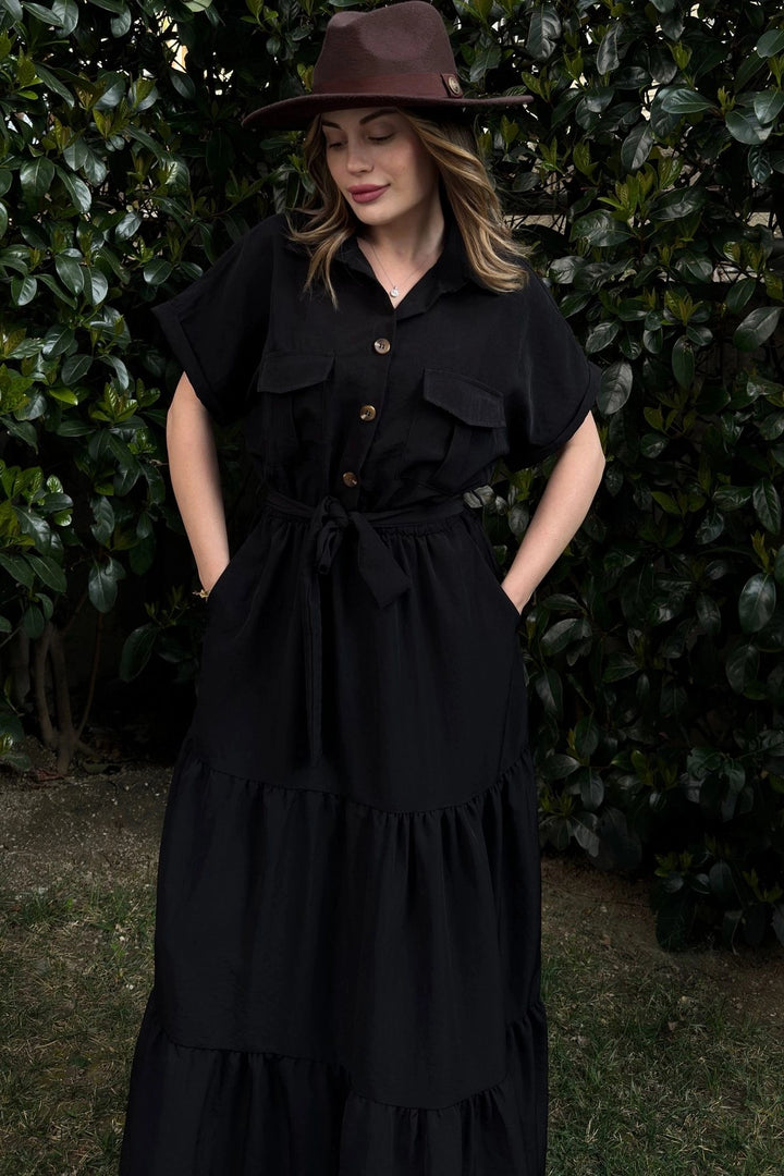 Black Half Pleated Skirted Belted Loose Dress BCBSK-25700-3336 - New Haven
