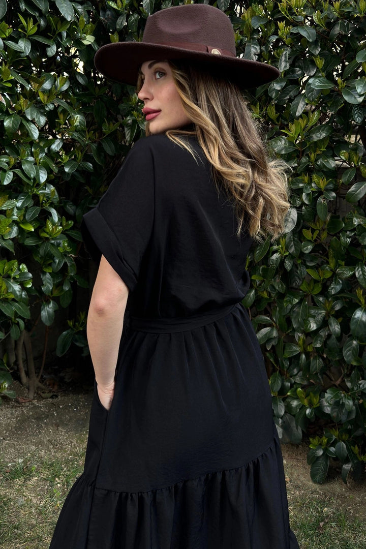 Black Half Pleated Skirted Belted Loose Dress BCBSK-25700-3336 - New Haven