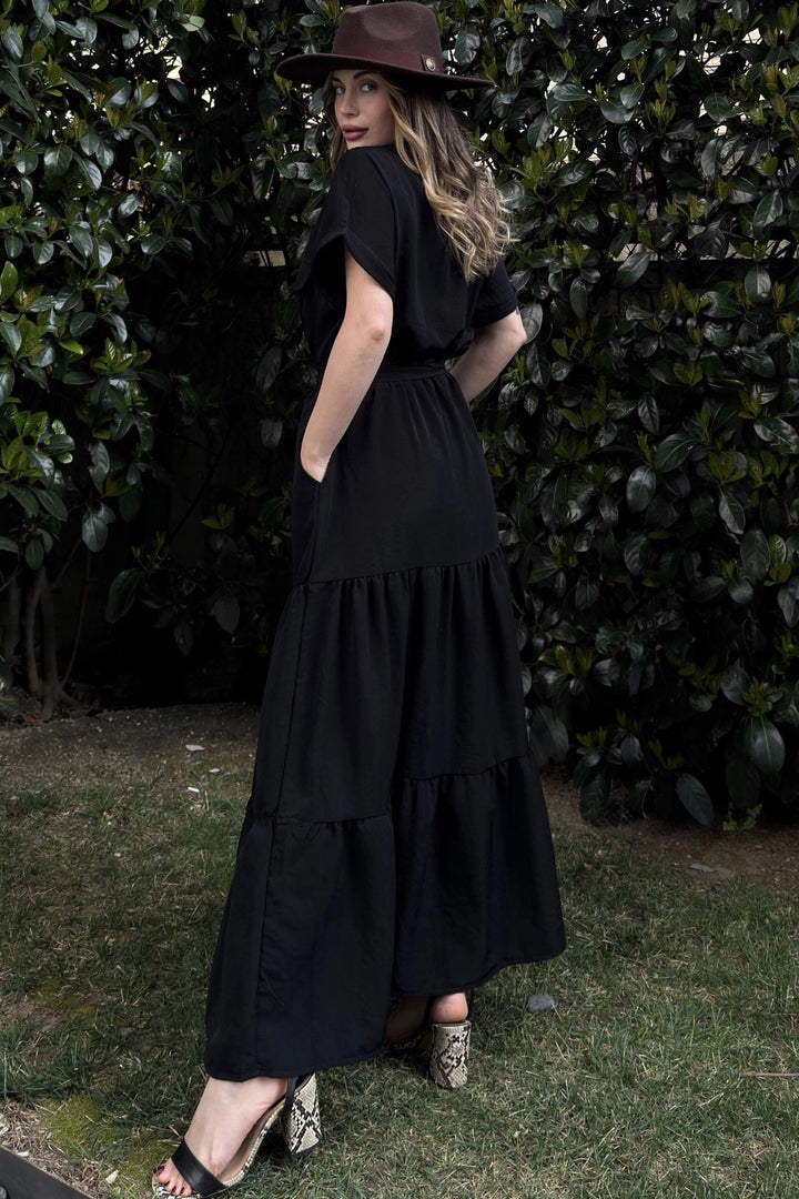 Black Half Pleated Skirted Belted Loose Dress BCBSK-25700-3336 - New Haven