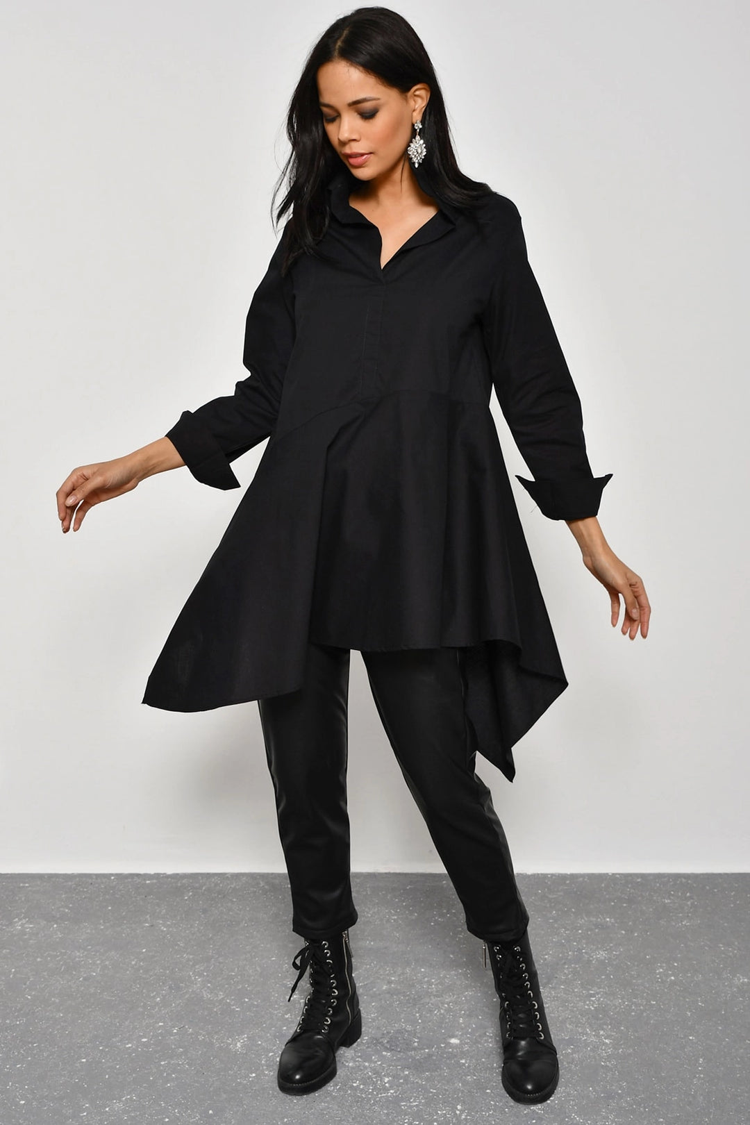 Black Half Button Oversized Woven Shirt BCBSK-25700-K4912 - Marcianise
