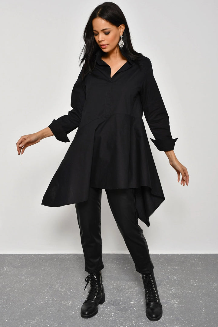 Black Half Button Oversized Woven Shirt BCBSK-25700-K4912 - Marcianise