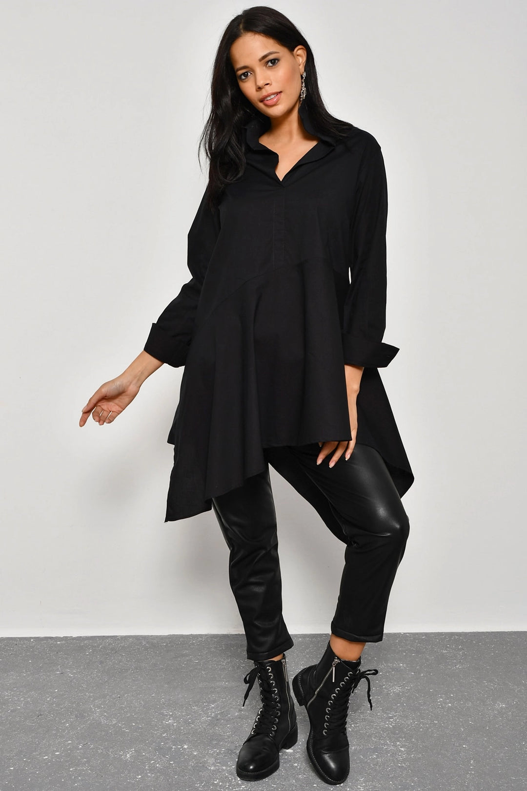 Black Half Button Oversized Woven Shirt BCBSK-25700-K4912 - Marcianise
