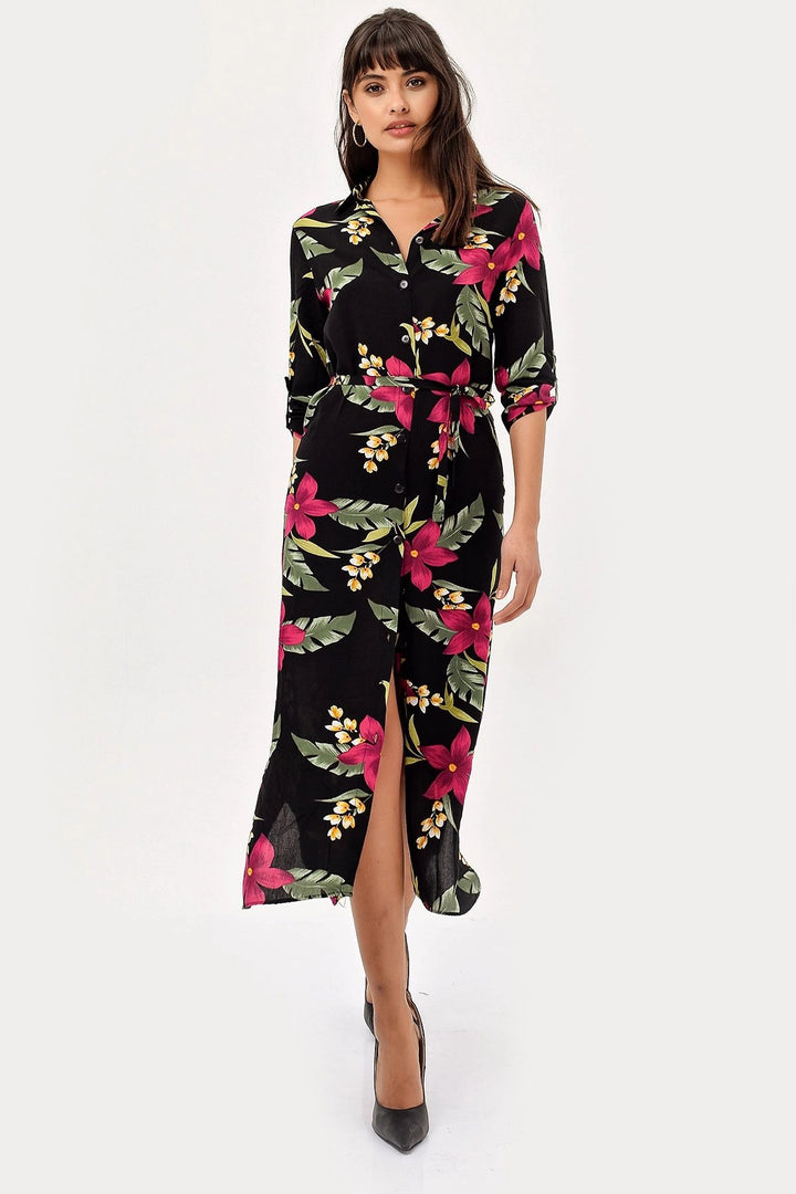Black Green Flower Patterned Dress BCBSK-25700-H5022 - Dietzenbach