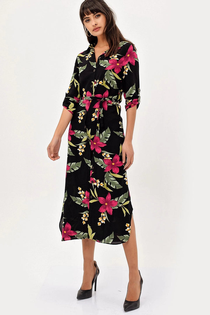 Black Green Flower Patterned Dress BCBSK-25700-H5022 - Dietzenbach