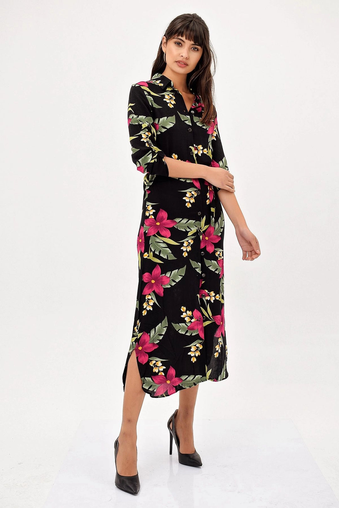 Black Green Flower Patterned Dress BCBSK-25700-H5022 - Dietzenbach