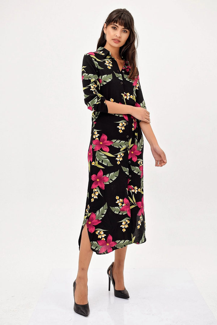 Black Green Flower Patterned Dress BCBSK-25700-H5022 - Dietzenbach