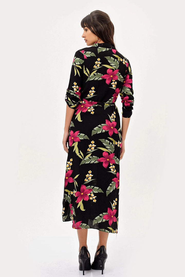 Black Green Flower Patterned Dress BCBSK-25700-H5022 - Dietzenbach