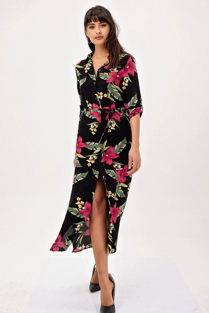 Black Green Flower Patterned Dress BCBSK-25700-H5022 - Dietzenbach