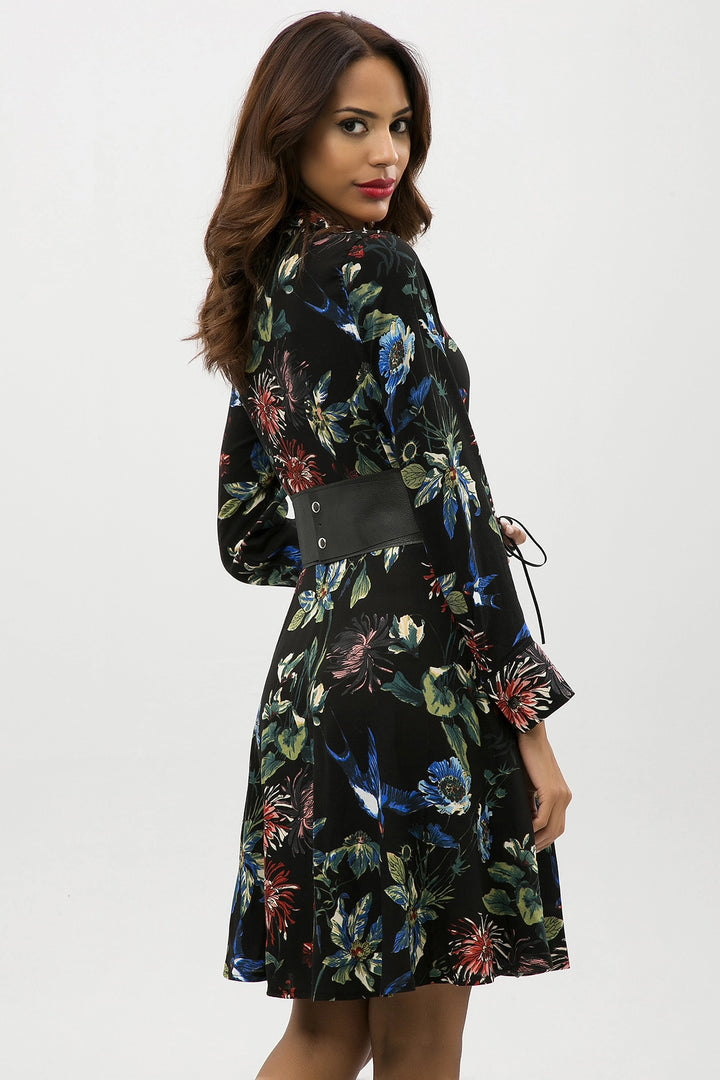 Black Green Flower Patterned Light Textured Shirt Dress BCBSK-25650-2164 - Egg Harbor