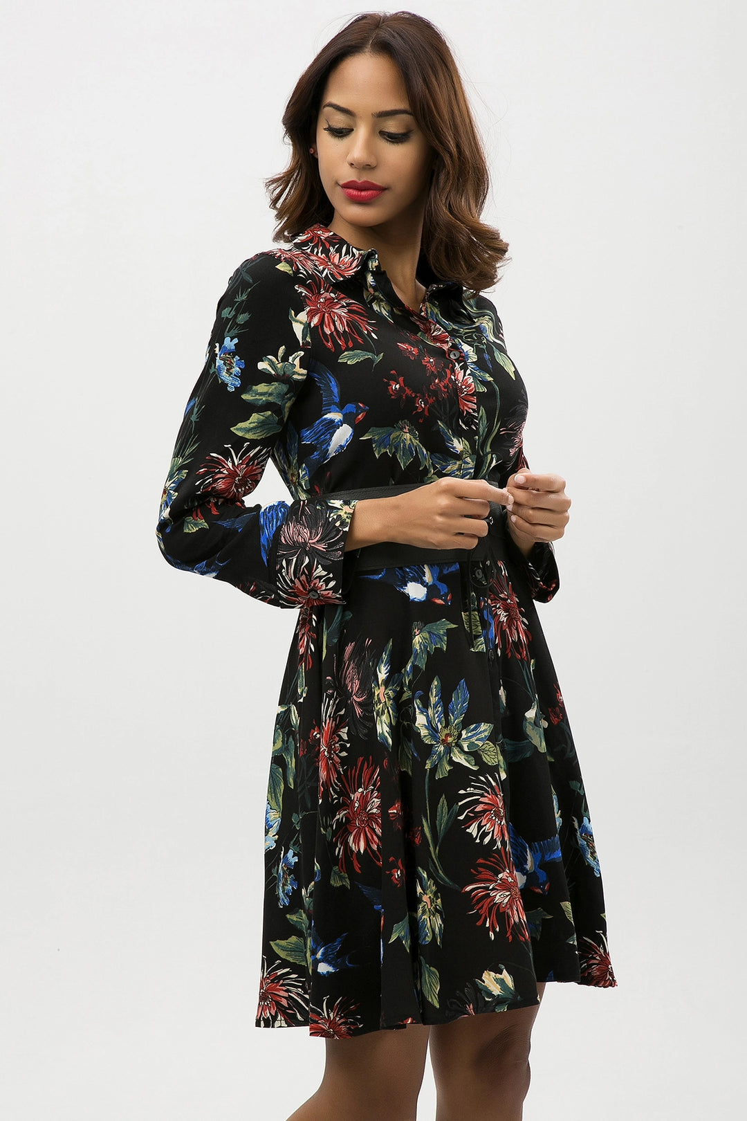 Black Green Flower Patterned Light Textured Shirt Dress BCBSK-25650-2164 - Egg Harbor