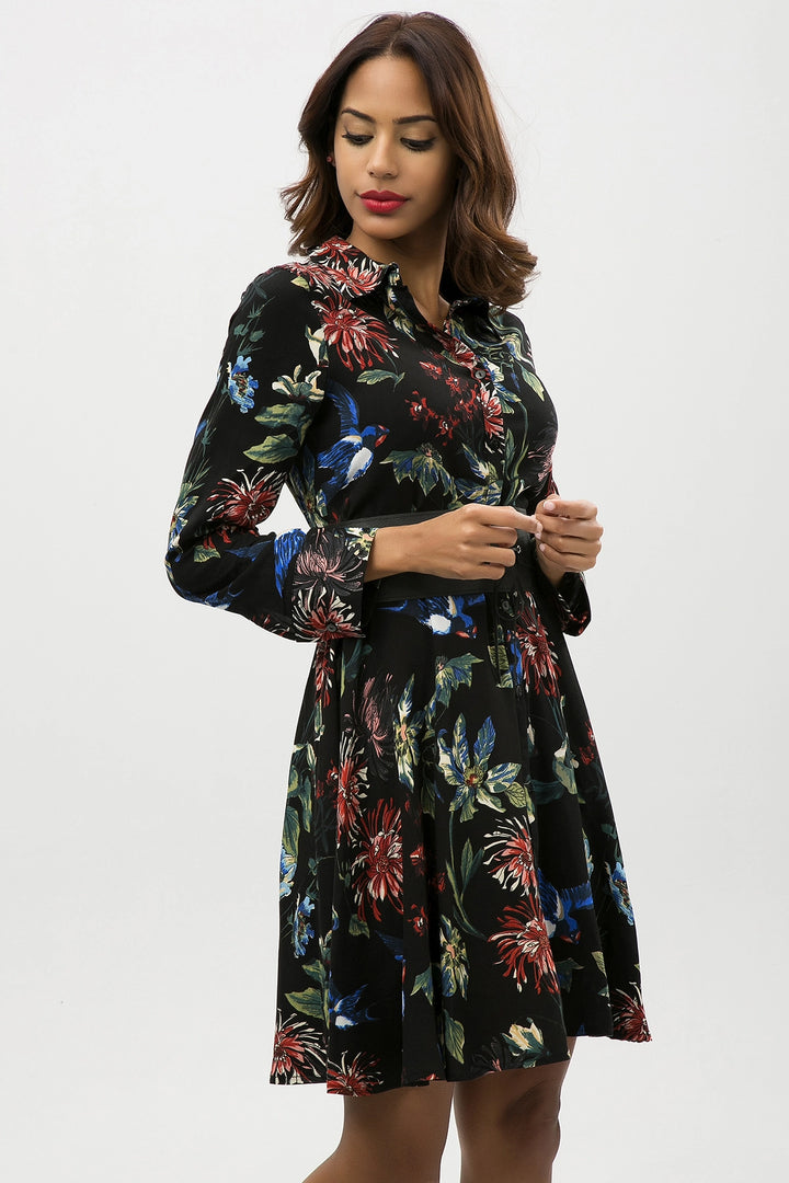 Black Green Flower Patterned Light Textured Shirt Dress BCBSK-25650-2164 - Egg Harbor