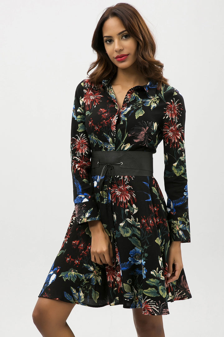 Black Green Flower Patterned Light Textured Shirt Dress BCBSK-25650-2164 - Egg Harbor