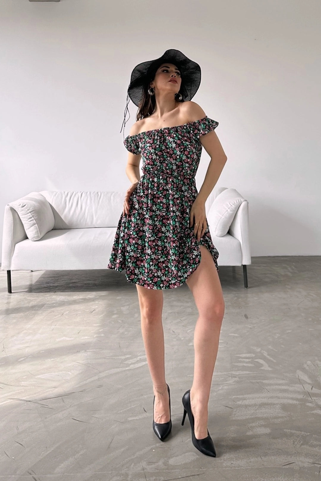 Black Green Madonna Collar Flower Patterned Crinkle Dress BCDF-234603 - Ninove