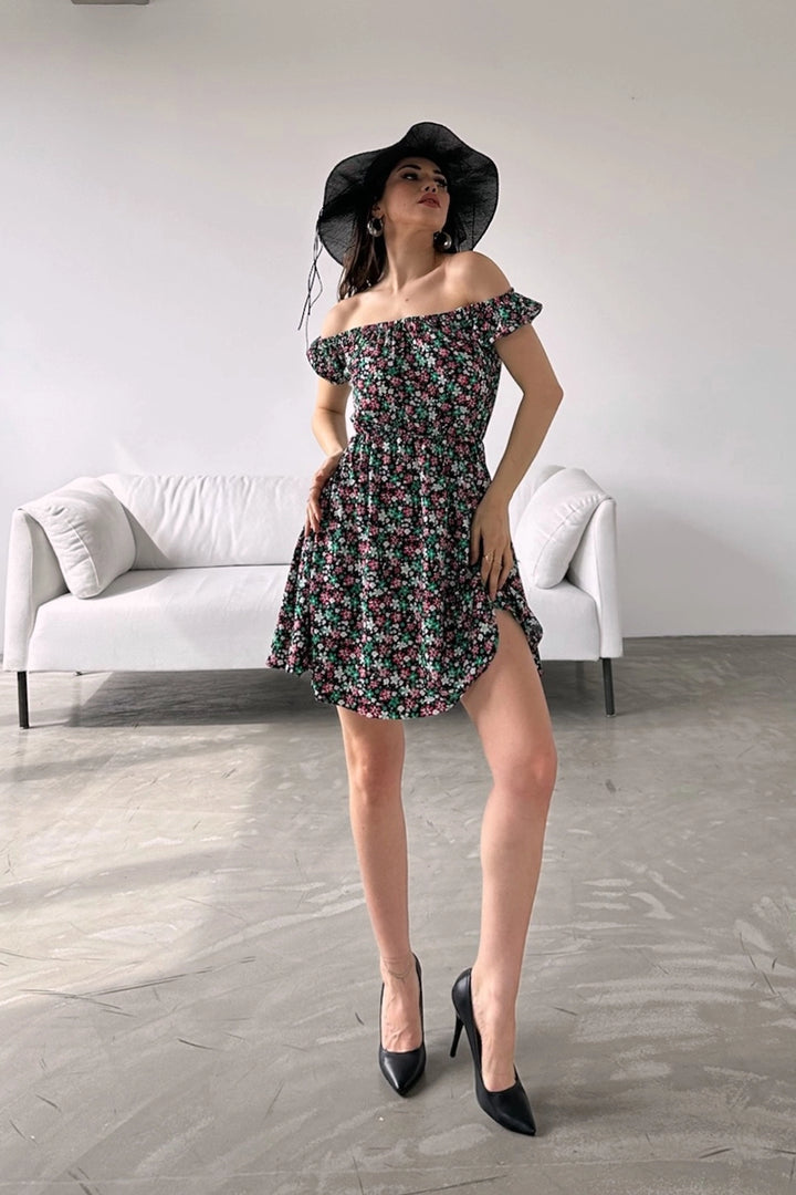 Black Green Madonna Collar Flower Patterned Crinkle Dress BCDF-234603 - Ninove