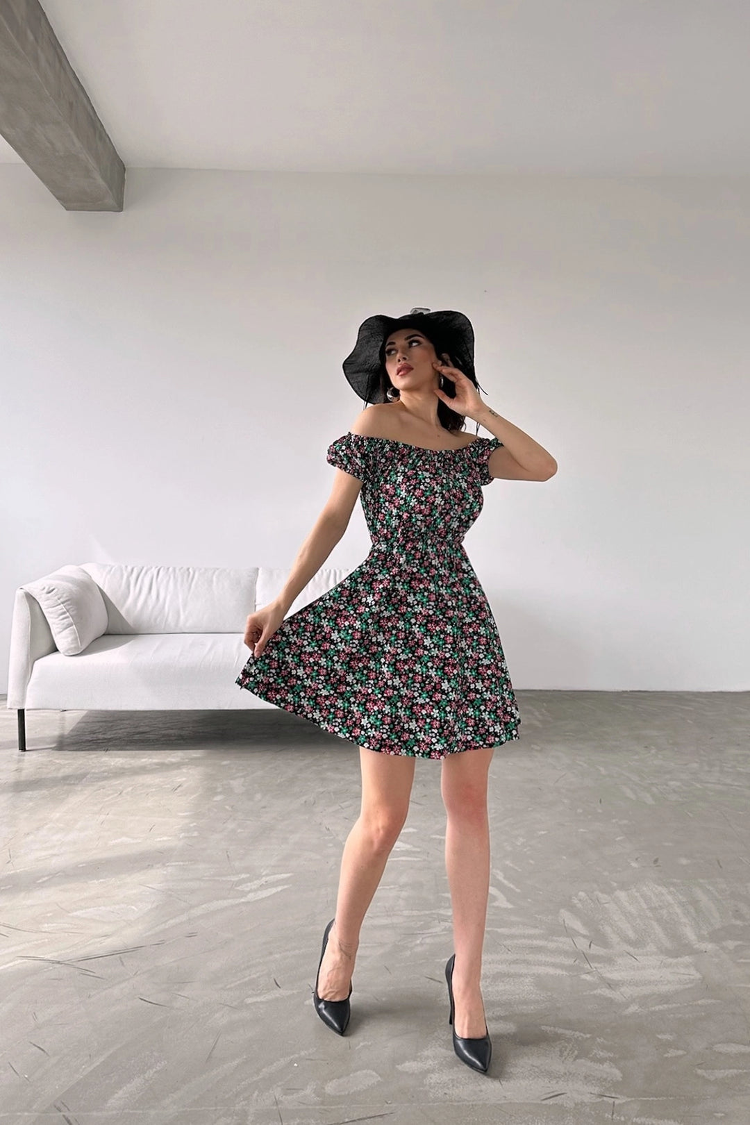 Black Green Madonna Collar Flower Patterned Crinkle Dress BCDF-234603 - Ninove