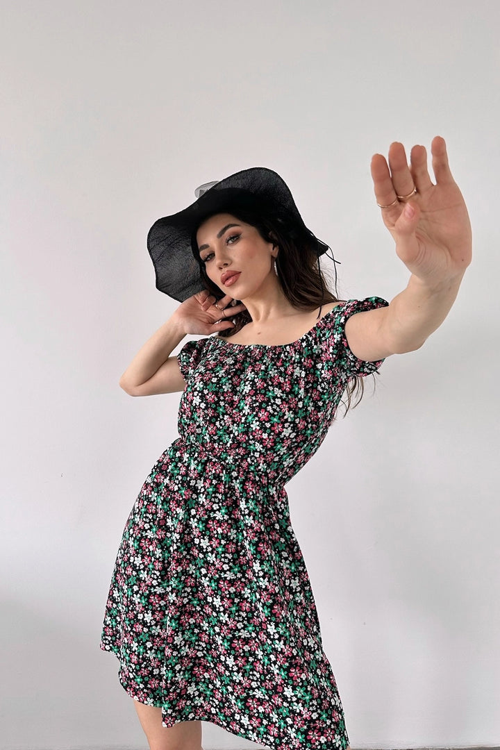 Black Green Madonna Collar Flower Patterned Crinkle Dress BCDF-234603 - Ninove