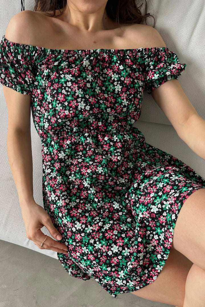 Black Green Madonna Collar Flower Patterned Crinkle Dress BCDF-234603 - Ninove