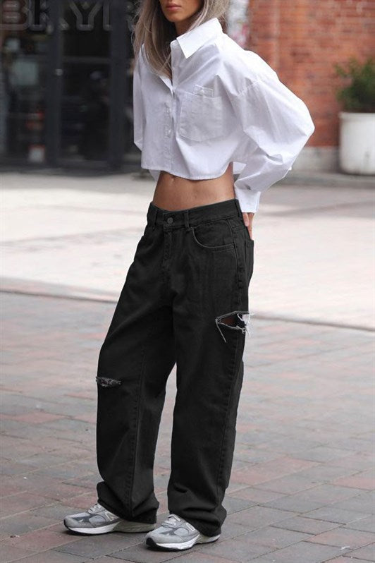 MDX Black Distressed Detail Palazzo Jeans MG1560 - East Honolulu
