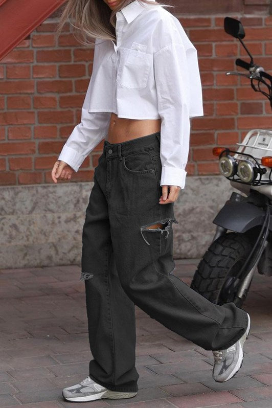 MDX Black Distressed Detail Palazzo Jeans MG1560 - East Honolulu