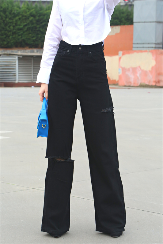MDX Black Distressed Detail Palazzo Jeans MG1560 - East Honolulu