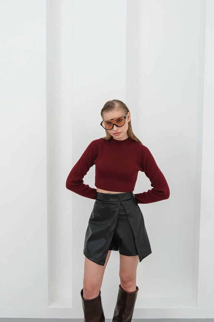 Black Faux Leather Shorts Skirt with Slit Detail BCHN-25W260049 - Brighton