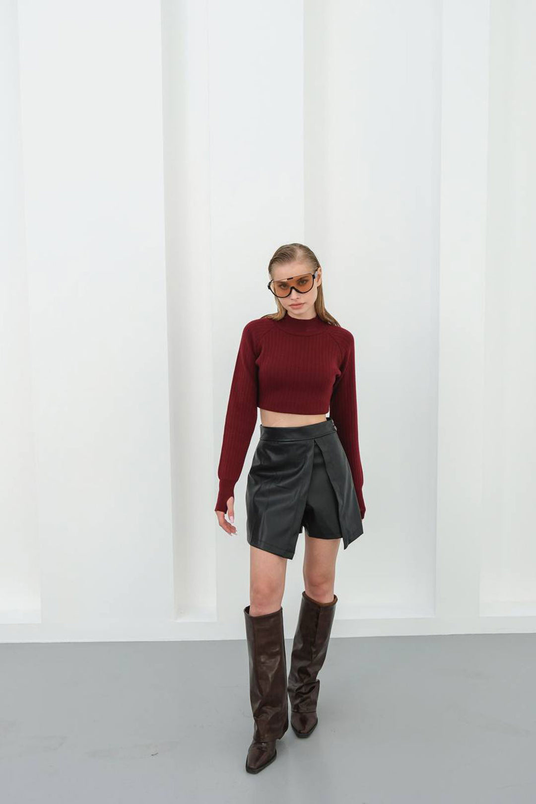 Black Faux Leather Shorts Skirt with Slit Detail BCHN-25W260049 - Brighton