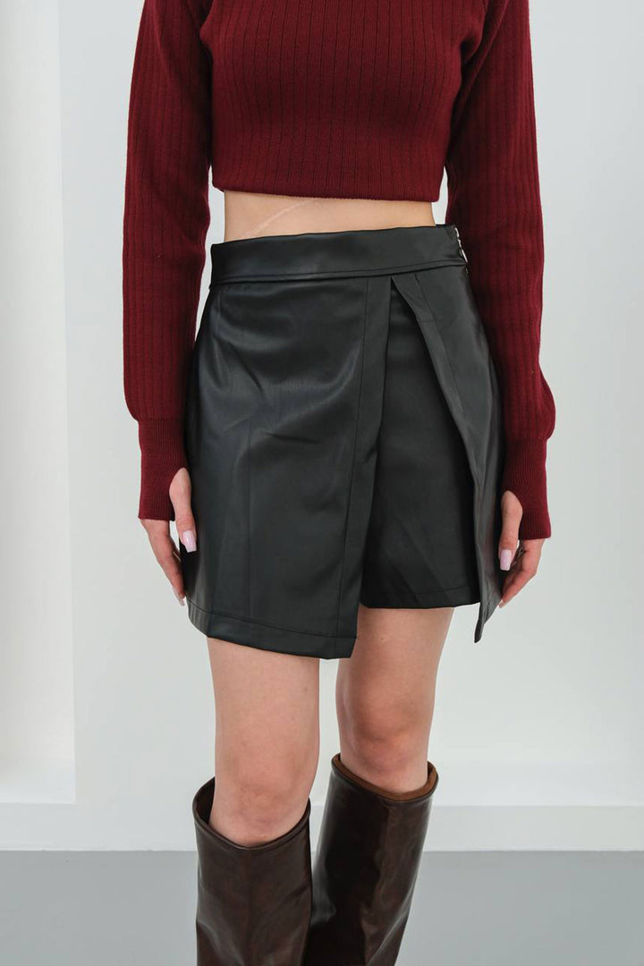 Black Faux Leather Shorts Skirt with Slit Detail BCHN-25W260049 - Brighton