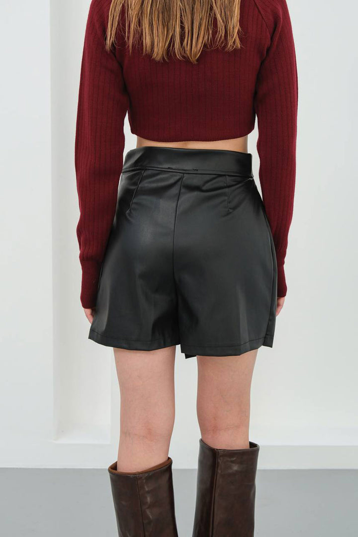 Black Faux Leather Shorts Skirt with Slit Detail BCHN-25W260049 - Brighton