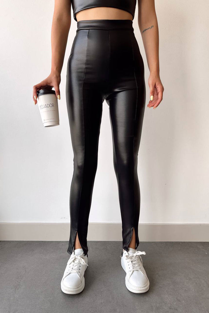 Black Slit Artificial Leather Stretch Fit Leggings BCHN-2526630 - Farmers Branch