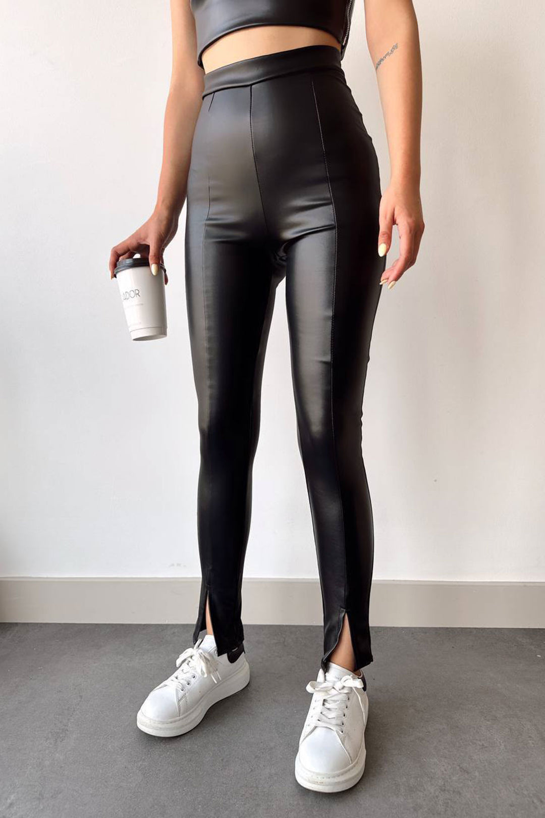 Black Slit Artificial Leather Stretch Fit Leggings BCHN-2526630 - Farmers Branch