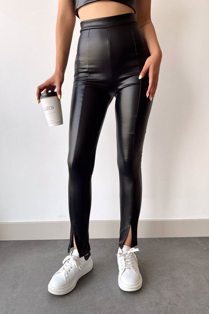 Black Slit Artificial Leather Stretch Fit Leggings BCHN-2526630 - Farmers Branch