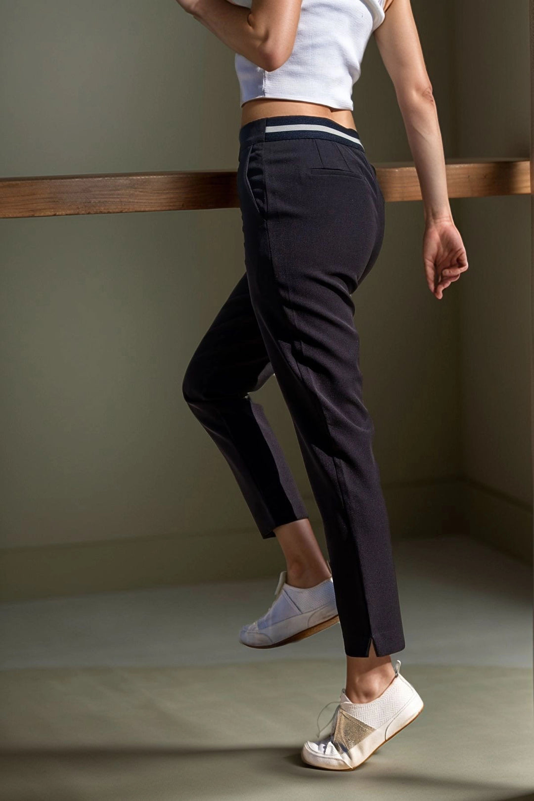 Black High Waist Belt Striped Pencil Pants BCBSK-25700-3186 - San Juan Capistrano