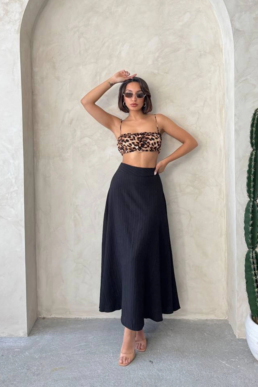 Black High Waist Elastic Waist Midi Skirt BCHN-25255043 - Kailua