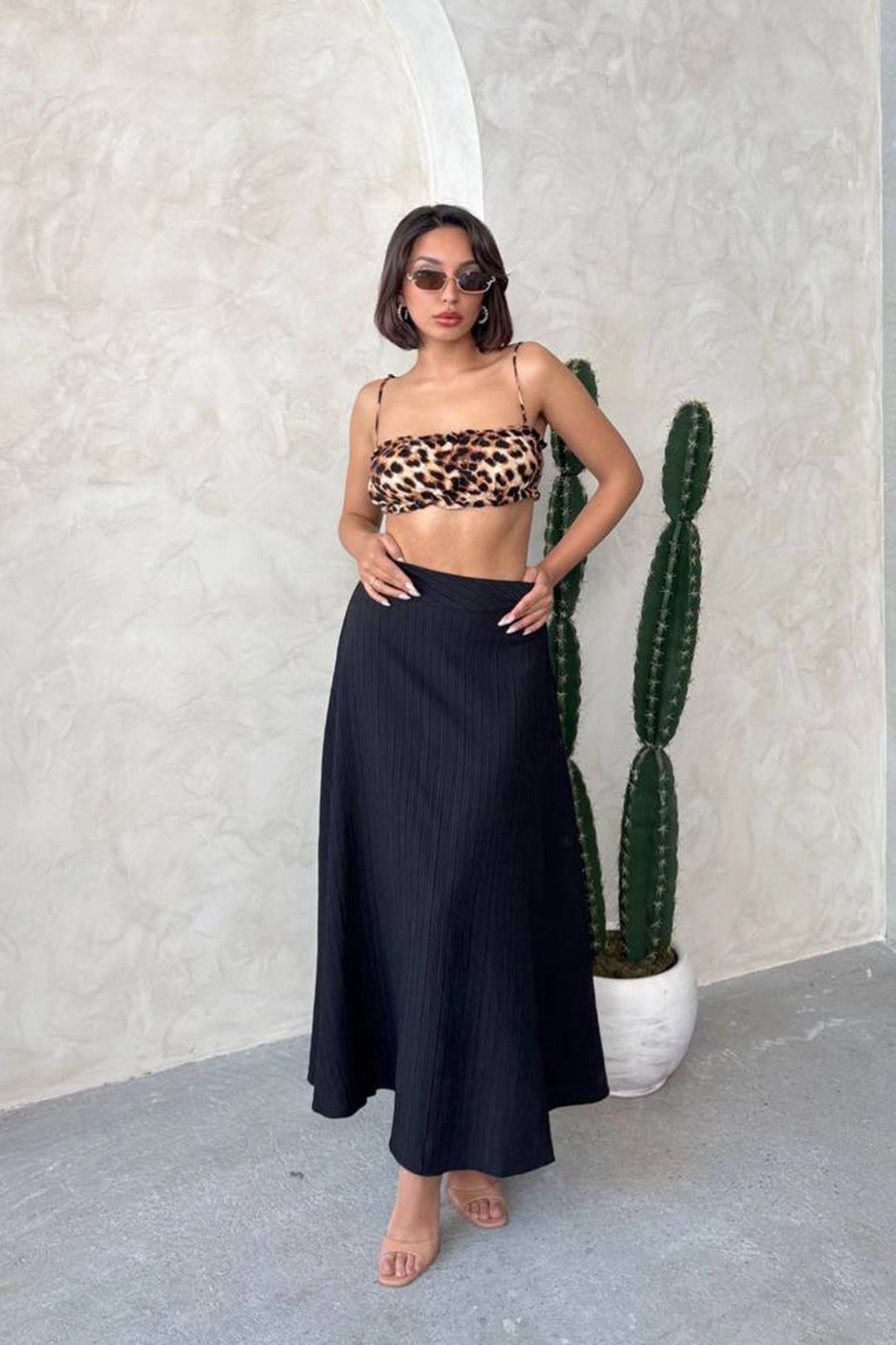 Black High Waist Elastic Waist Midi Skirt BCHN-25255043 - Kailua