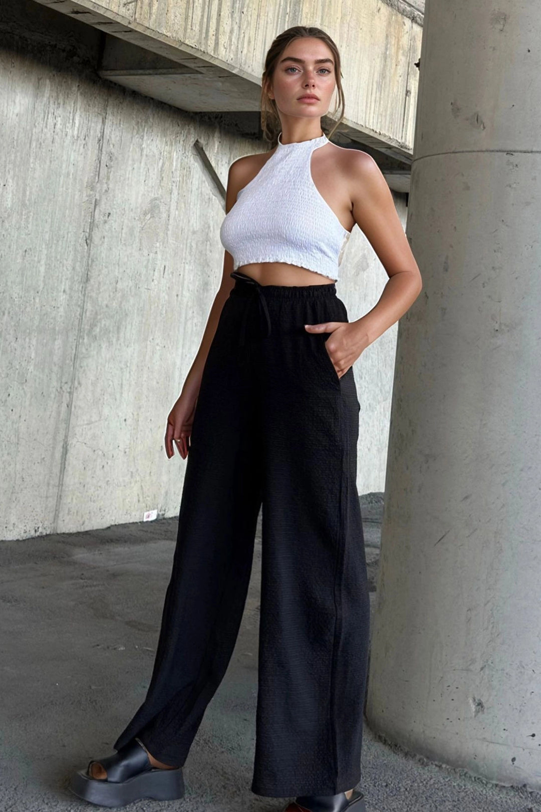 Black High Waist Elastic Waist Pants BCBSK-25700-3652 - Dragash