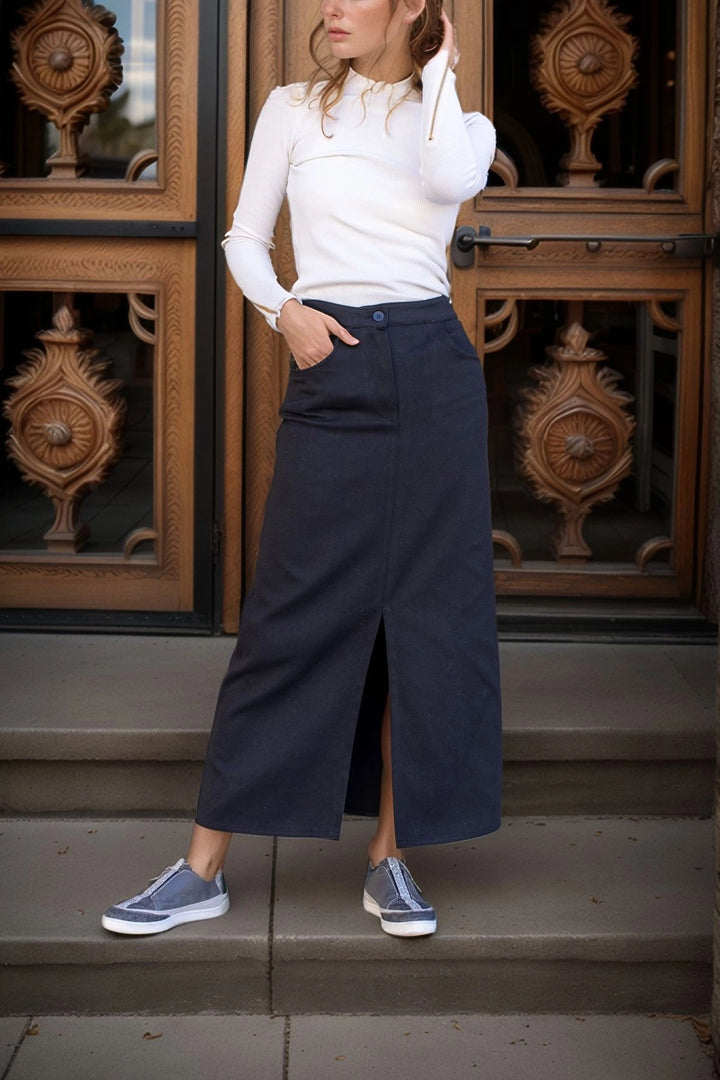 Black High Waisted Pocketed Front Slit Long Gabardine Skirt BCBSK-25700-3456 - Schiltigheim