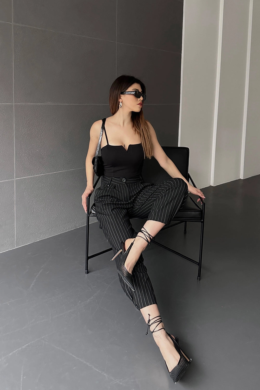 Black High Waist Striped Hem Button Detailed Trousers BCDF-24S1004 - Tucson
