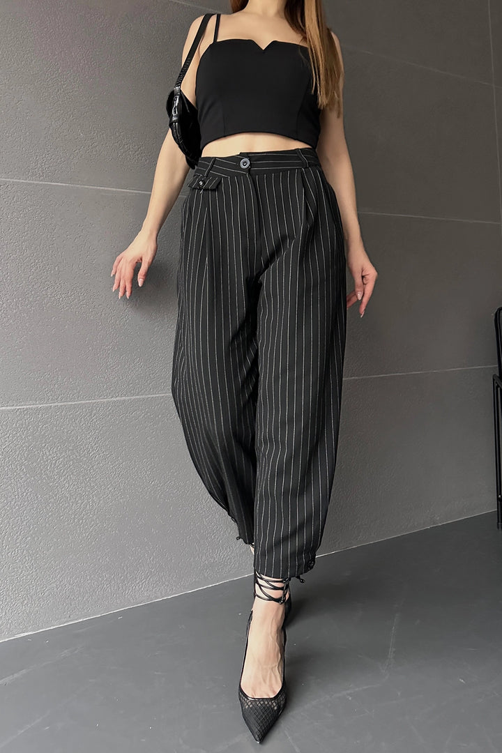 Black High Waist Striped Hem Button Detailed Trousers BCDF-24S1004 - Tucson
