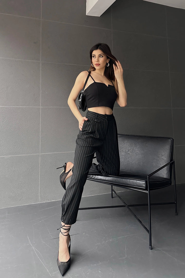 Black High Waist Striped Hem Button Detailed Trousers BCDF-24S1004 - Tucson