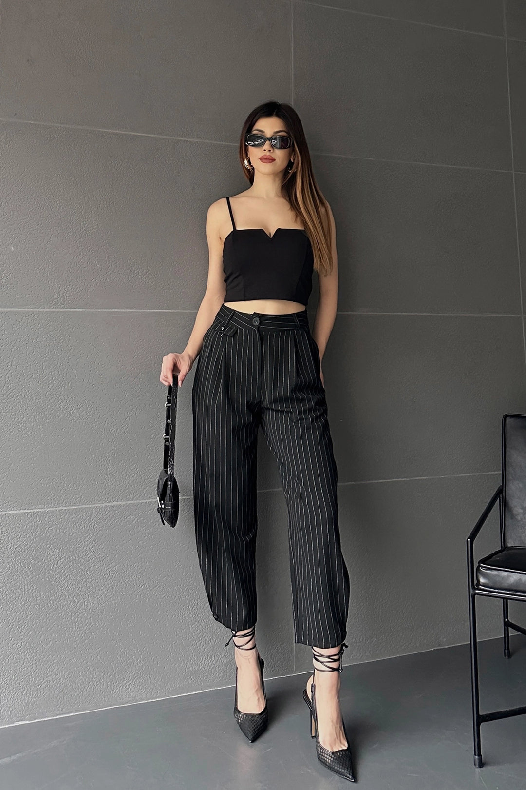 Black High Waist Striped Hem Button Detailed Trousers BCDF-24S1004 - Tucson