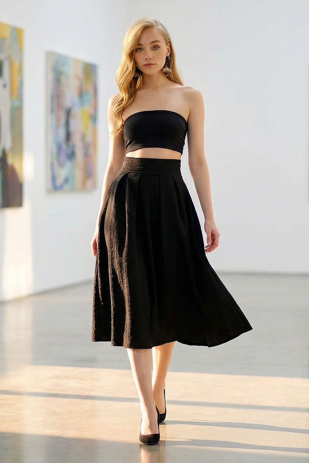 Black High Waist Wide Belted Hidden Zipper Textured Midi Skirt BCHNT-251236 - Santa María Atzompa